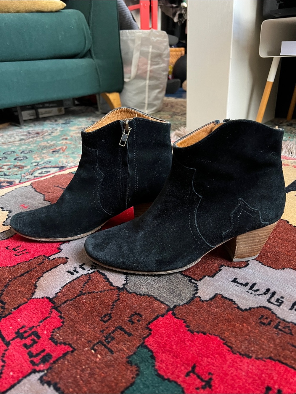 Isabel Marant Black Suede Ankle Boots with Stacked Wood Heel